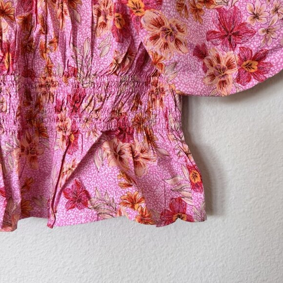 NWT LOFT Lily Gathered Waist V Neck Blouse Size Medium Pink Zinnia - Picture 3 of 7